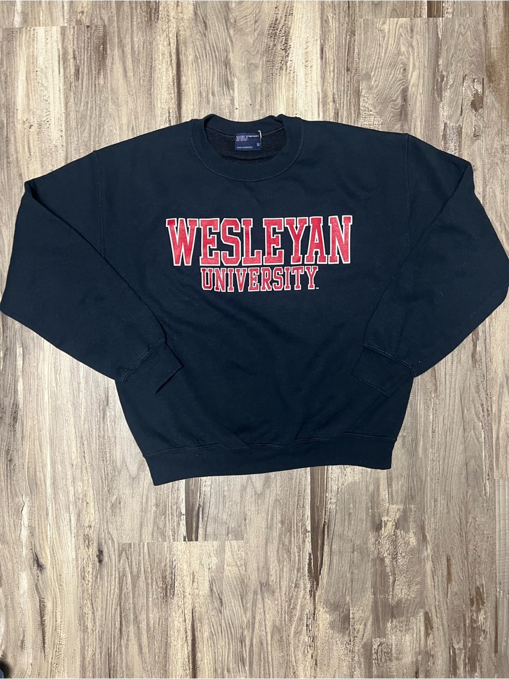 MV Sport Black Crewneck Sweatshirt with Red Wesleyan Lettering